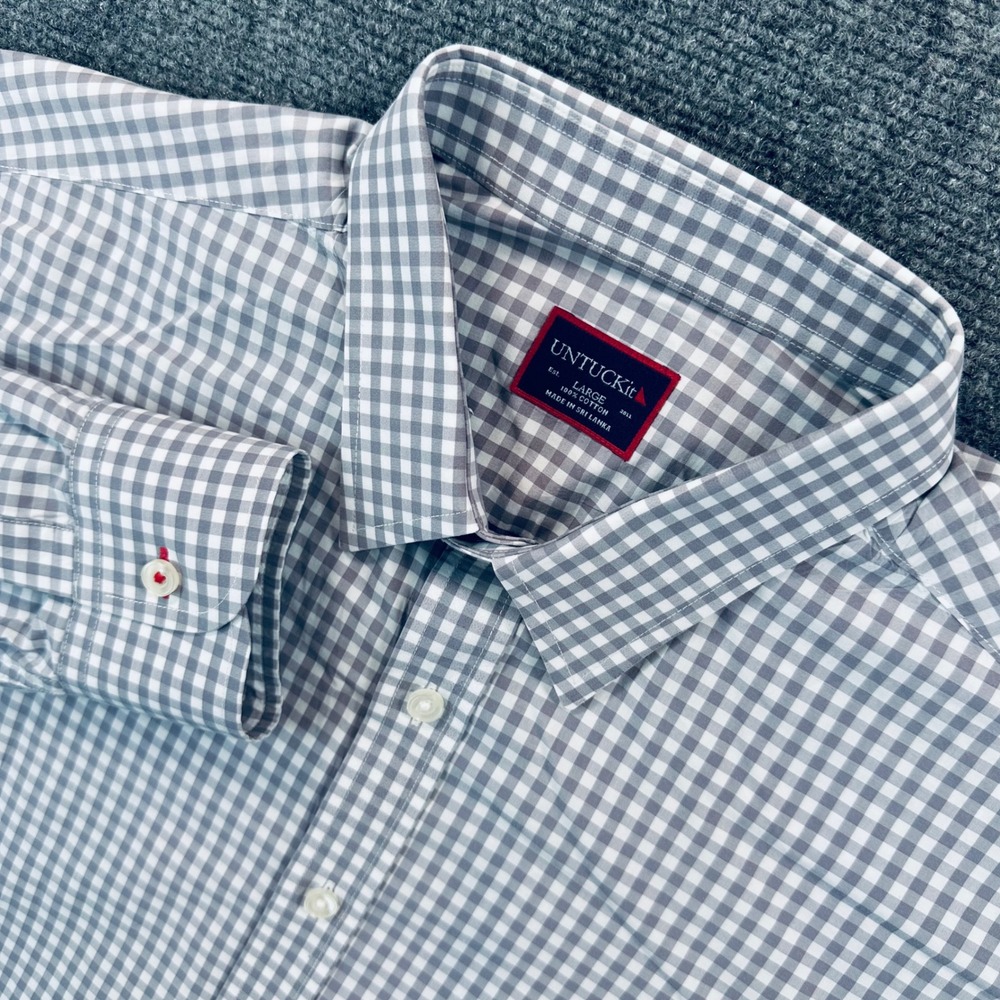 UNTUCKit Mens L Gray White Gingham Dunn Long Sleeve Shirt Cotton Casual Classic